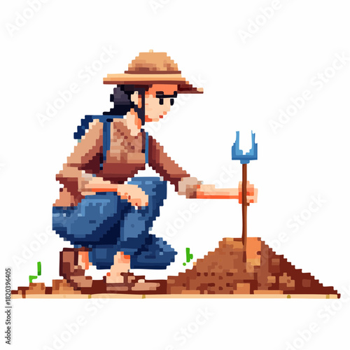 A pixel art illustration of a person in a hat and backpack crouching, planting in a mound of soil with a small fork.