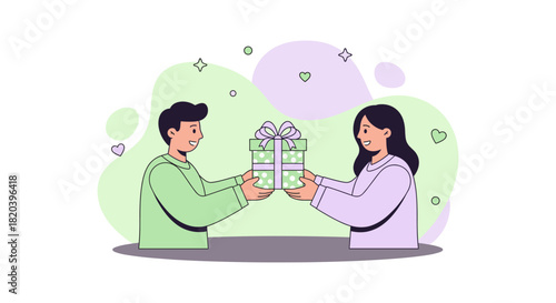 A cheerful illustration depicts a man and woman exchanging a beautifully wrapped gift box, symbolizing generosity and appreciation.