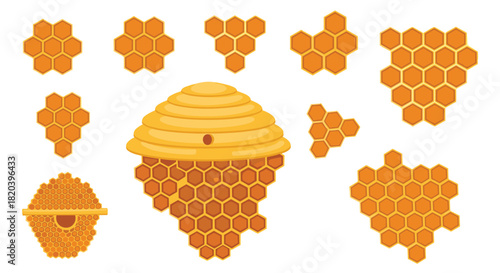 Various golden honeycombs in geometric shapes and a traditional straw beehive on a white background, symbolizing beekeeping and natural honey production.