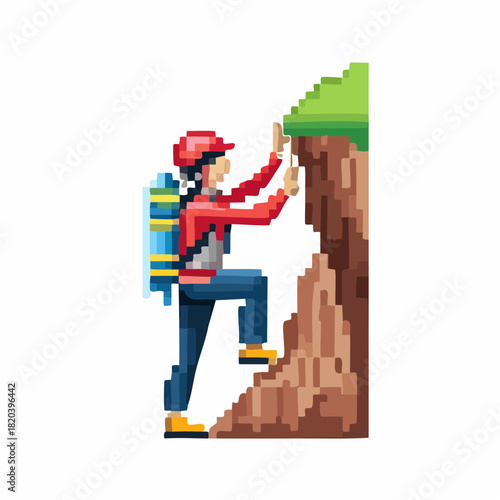 A pixel art illustration of a person climbing a steep brown rock face with a green top, wearing a red hat, red jacket, blue pants, and a blue backpack.