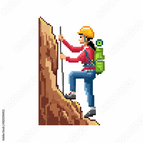 Pixel art illustration of a woman rock climbing with a helmet and backpack.