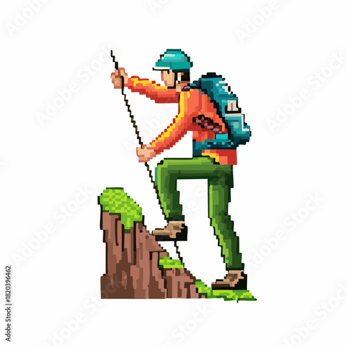 A pixel art illustration of a hiker climbing a rocky hill with a trekking pole and backpack.