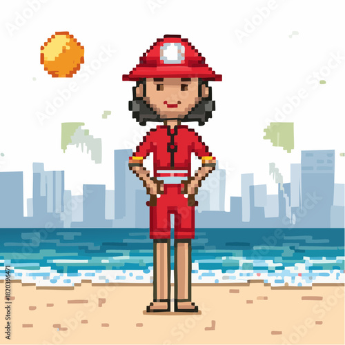 Pixel art illustration of a lifeguard standing on a beach with a city skyline in the background.