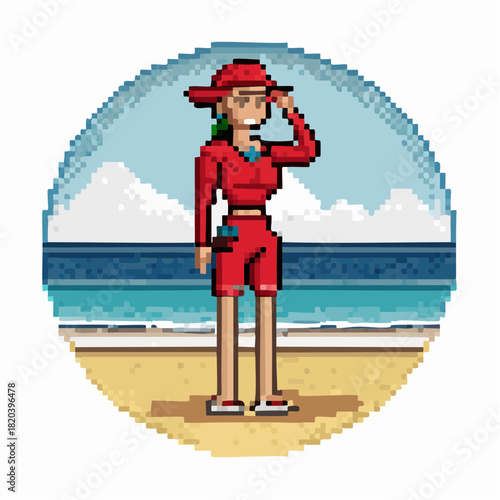 Pixel art illustration of a female lifeguard in a red uniform standing on a sandy beach, shading her eyes and looking out at the ocean.