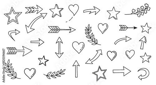 Collection of Hand-Drawn Arrows, Stars, and Hearts in Doodle Style on White Background