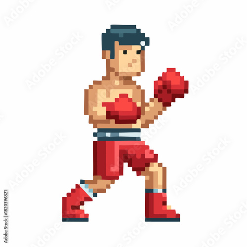 Vibrant pixel art illustration of a male boxer in a dynamic fighting stance, wearing red gloves and shorts, ready for action.