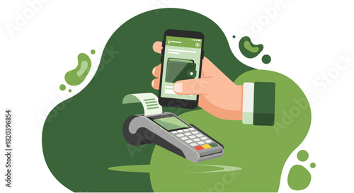 A hand holds a smartphone with a digital wallet app open, paying with a POS terminal for a seamless, modern financial transaction.