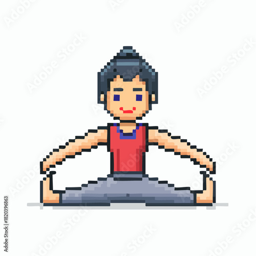 Pixel art character doing a wide-legged seated forward bend yoga pose on a white background, representing flexibility and exercise.