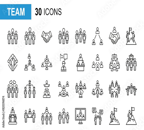 Illustration of a set of 30 icons illustrating team dynamics, business collaboration, leadership, and organizational structure, isolated on white background