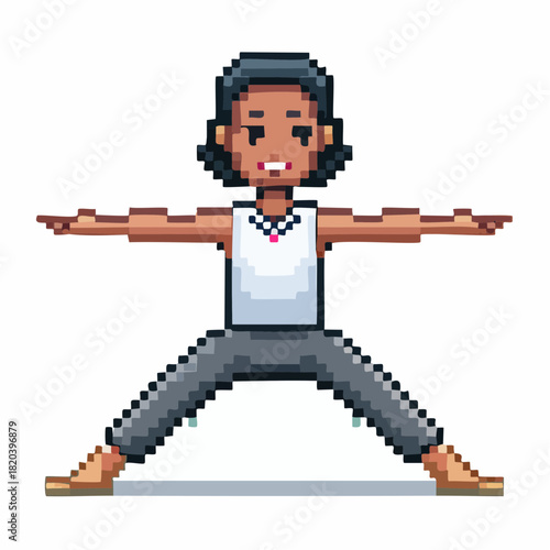 A pixel art illustration of a person with dark skin doing a yoga pose, standing with arms outstretched in a wide stance.