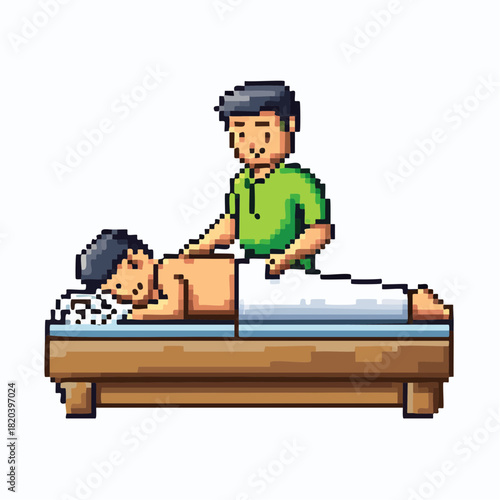 Pixel art illustration of a person receiving a relaxing back massage from a therapist on a wooden table.