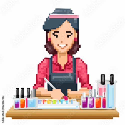 Pixel art illustration of a smiling female nail technician working at a counter with various nail polishes and tools.