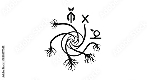 Organic spiral symbol with roots and abstract icons representing growth and nature