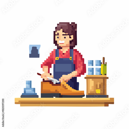 Pixel art illustration of a smiling shoemaker working on a brown shoe at a workbench with various tools.