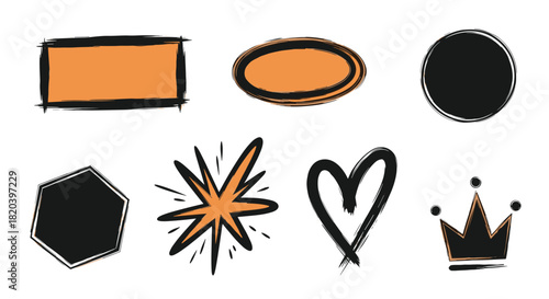 Set of hand-drawn grunge shapes and symbols including a heart, crown, starburst, and various geometric forms in black and orange.