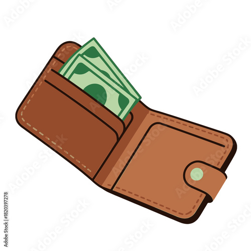 Brown wallet with green dollar bills inside