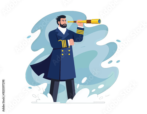 Captain in uniform looking through a brass telescope