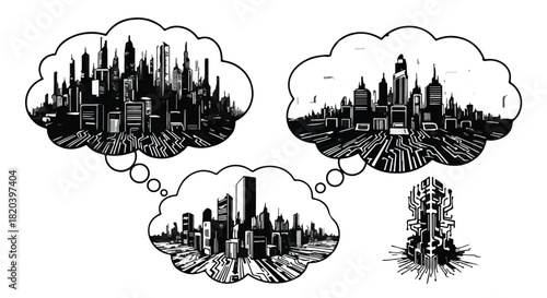 Abstract concept of urban planning and development visualized through thought bubbles above a miniature cityscape.