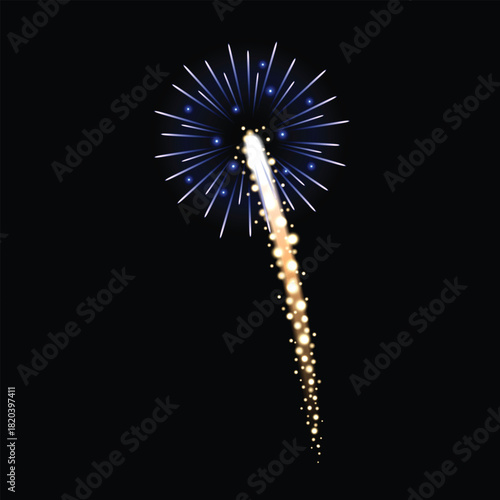 A single firework rocket streaks upwards with a golden trail, bursting into a blue and white starburst against a black night sky.