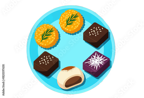 Colorful assortment of traditional Asian sweets on a plate