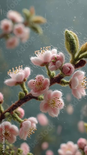 Close up of pink flowers on a branch against a blurred background