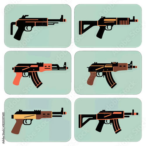 Collection of stylized vector guns in orange and black
