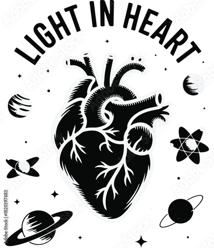 Anatomical heart illustration with celestial elements and light in heart text, symbolizing love, spirituality, and cosmic connection
