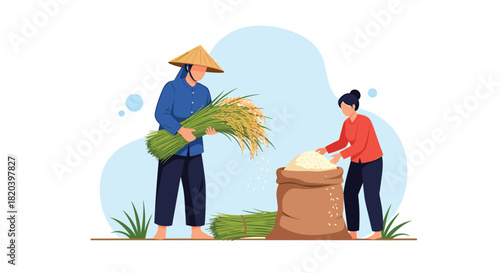 Two Asian farmers harvesting rice crops and processing the grains into large sacks in a traditional agricultural setting.