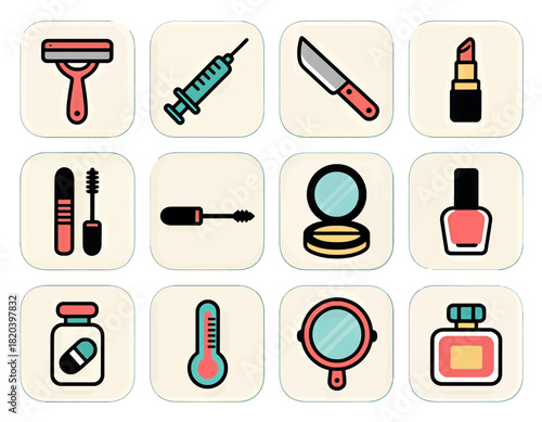 Colorful flat design icons of everyday objects