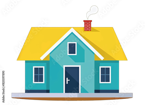 Colorful flat house design with yellow roof and chimney