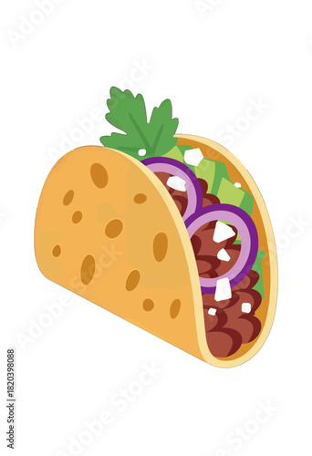 Colorful taco with fresh toppings and herbs