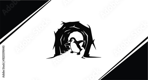 Curious penguin emerges from dark tunnel into bright light, symbolizing hope and new beginnings.