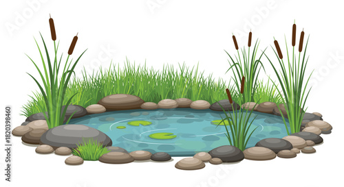 A picturesque garden pond with clear blue water, green lily pads, and lush cattails, all encircled by smooth river stones and fresh grass.