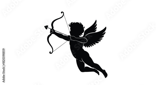A black silhouette of a flying cupid, a mythological cherub, aiming a bow and heart-tipped arrow, symbolizing love and romance.