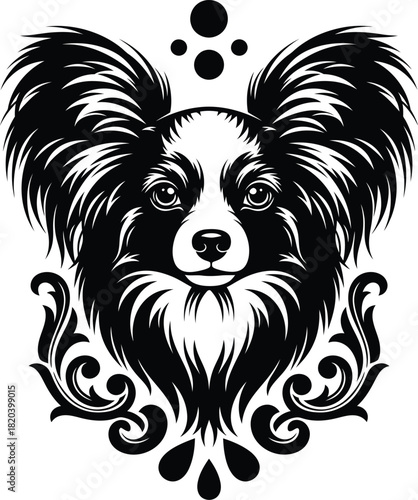 Papillon dog vector illustration breed portrait black and white design eps silhouette
