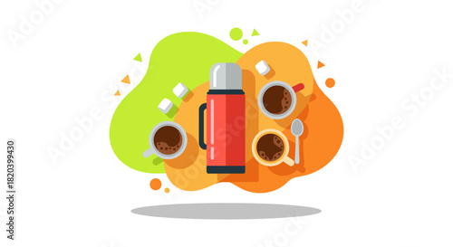 A vibrant illustration showcases a red thermos, coffee cups, sugar cubes, and a spoon over colorful abstract shapes, perfect for cafe or travel themes.