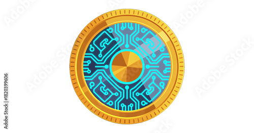 Golden Coin with Futuristic Circuit Design and Gem Center