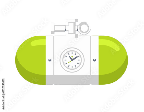 Green and white industrial pressure gauge with valve