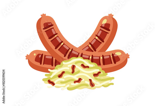 Grilled sausages with coleslaw in a playful illustration