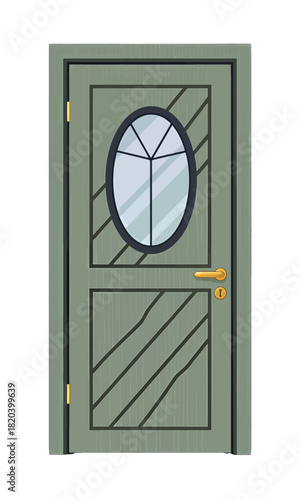 Green door with oval window and diagonal patterns