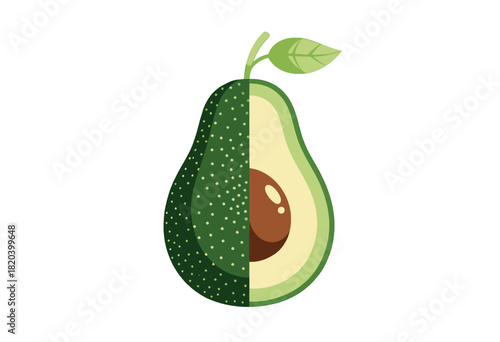 Half avocado illustration with textured skin and green leaf