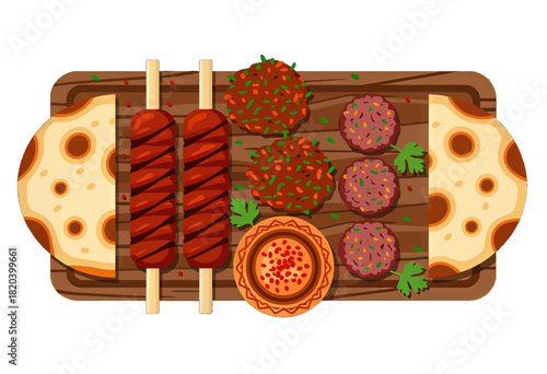 Grilled Kebabs with Flatbread and Spicy Sauces