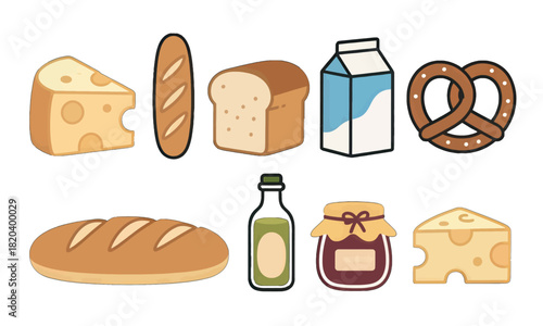 Isolated cartoon illustrations of bread, cheese, milk, and jam