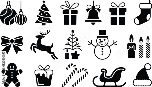Assortment of Black Christmas Icons and Symbols on White Background Keywords: Christmas, holiday, festive, celebration, icon