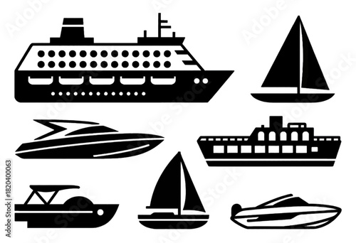 Isolated vector illustrations of various ships and boats in white on black