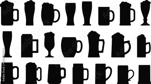 Collection of Black Silhouettes of Beer Mugs and Glasses on White Background Keywords: beer, mug, glass, pint, stein, ale, lager
