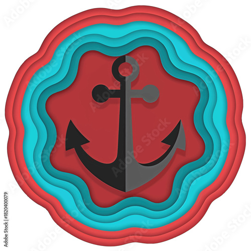Layered Paper Cutout of Black Anchor with Red and Blue Waves