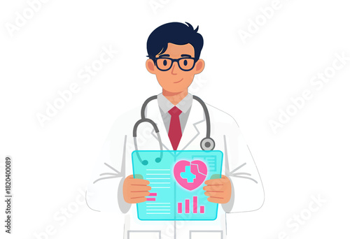 Male Doctor Holding a Digital Tablet with Health Icons