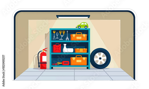 Organized Garage Shelf with Tools and Spare Tire