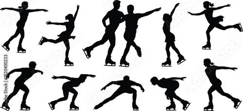 Collection of Black Silhouettes of Figure Skaters on White Background Keywords: figure skating, ice skating, skater, athlete